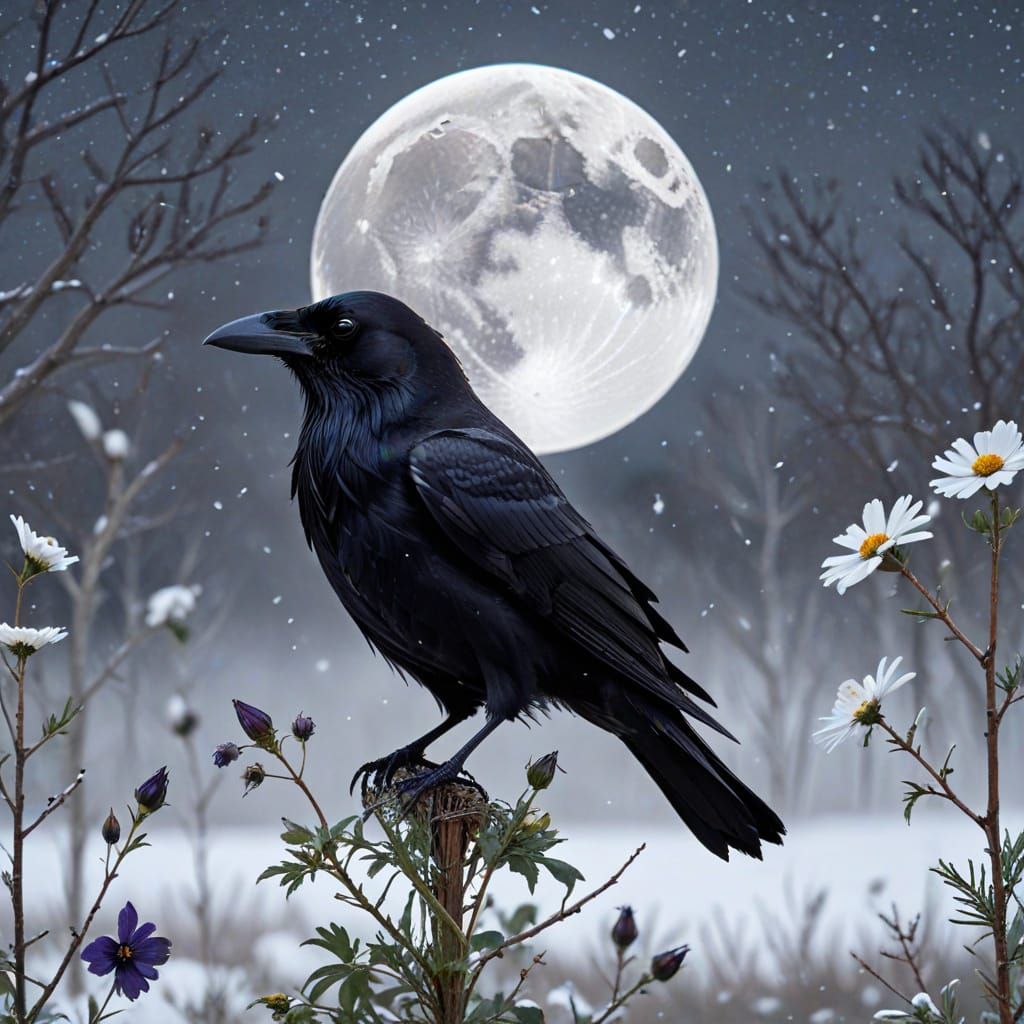 Whimsical Raven Returns Under a Snowy Lunar Bloom
