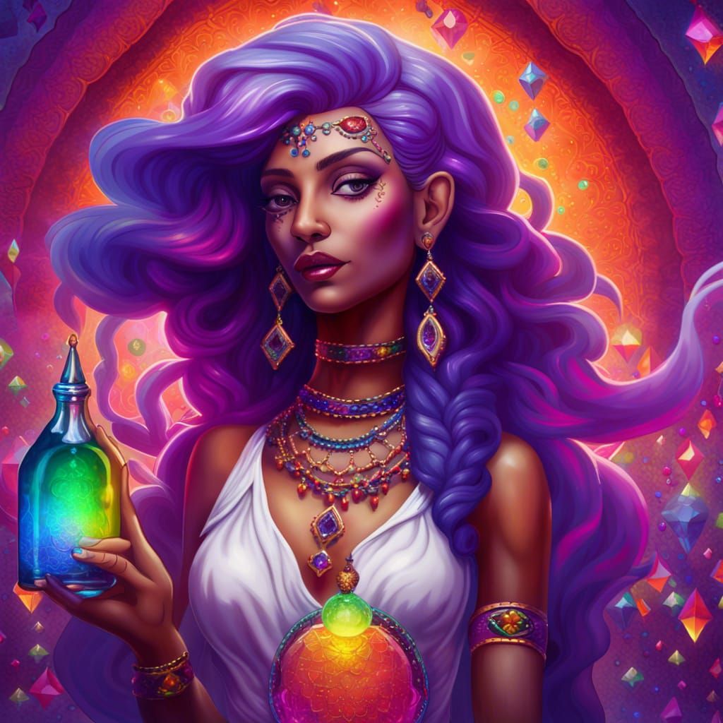 Genie Emerges from Jeweled Bottle: Fantasy Art