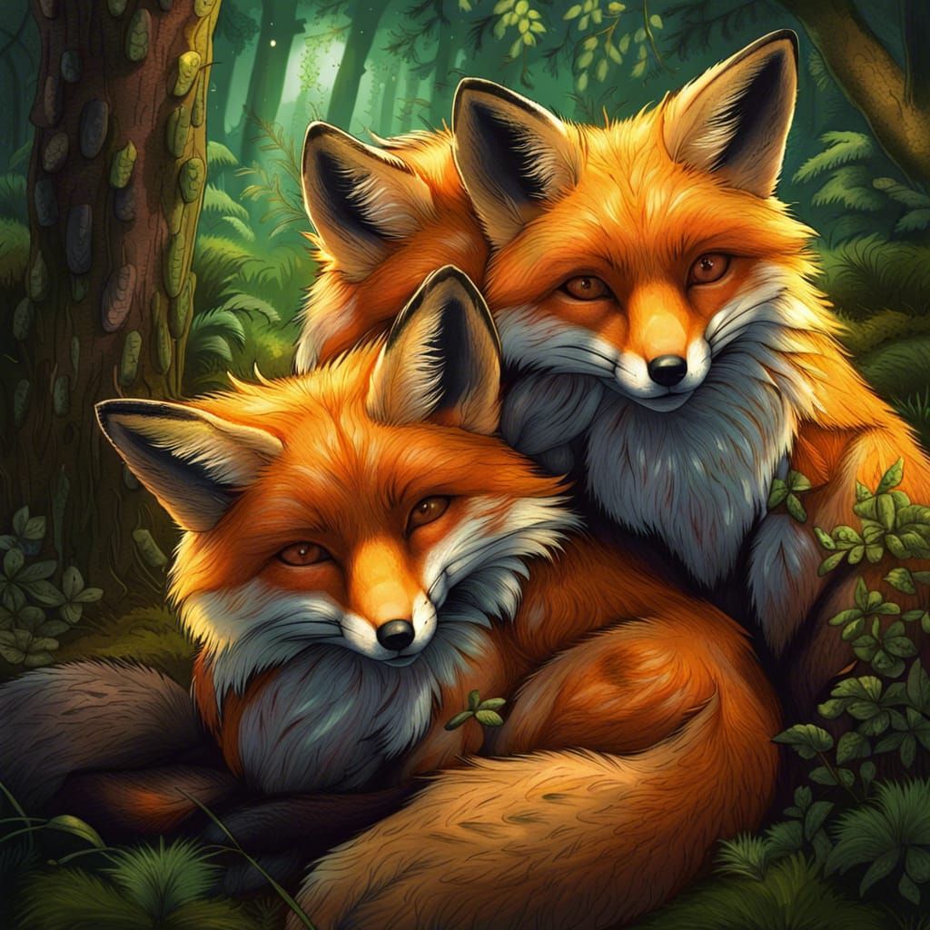 Anime Family of Foxes in Forest