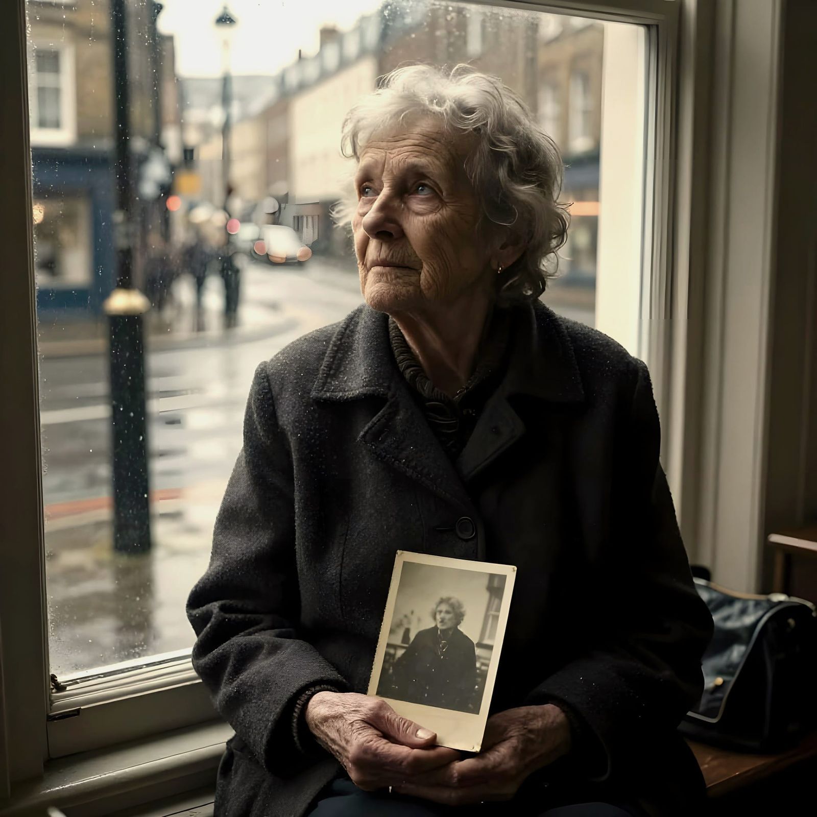 Elderly Woman Reflects by London Window in Expressionist Sty...
