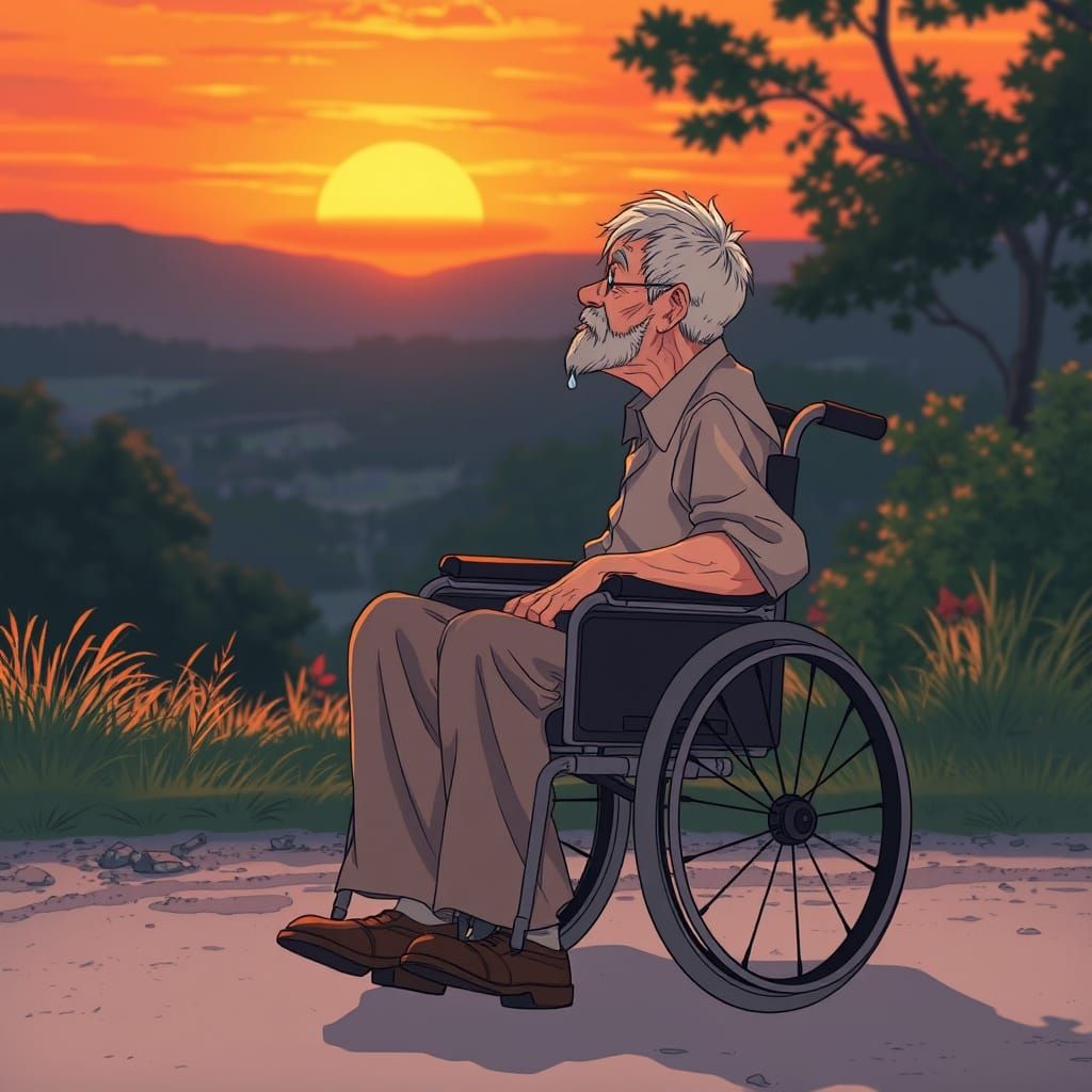 Melancholic Sunset: Elderly Man in Anime Style