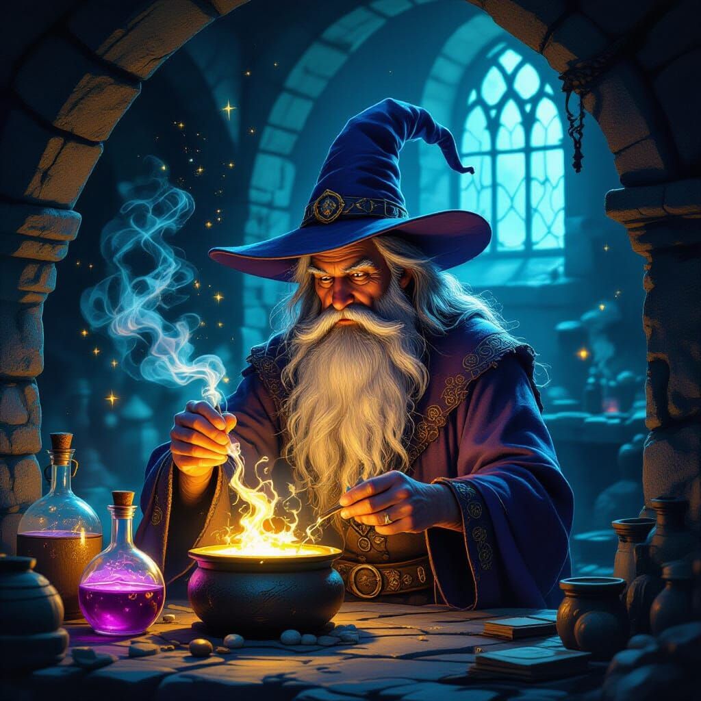 An old wizard is making magic potions