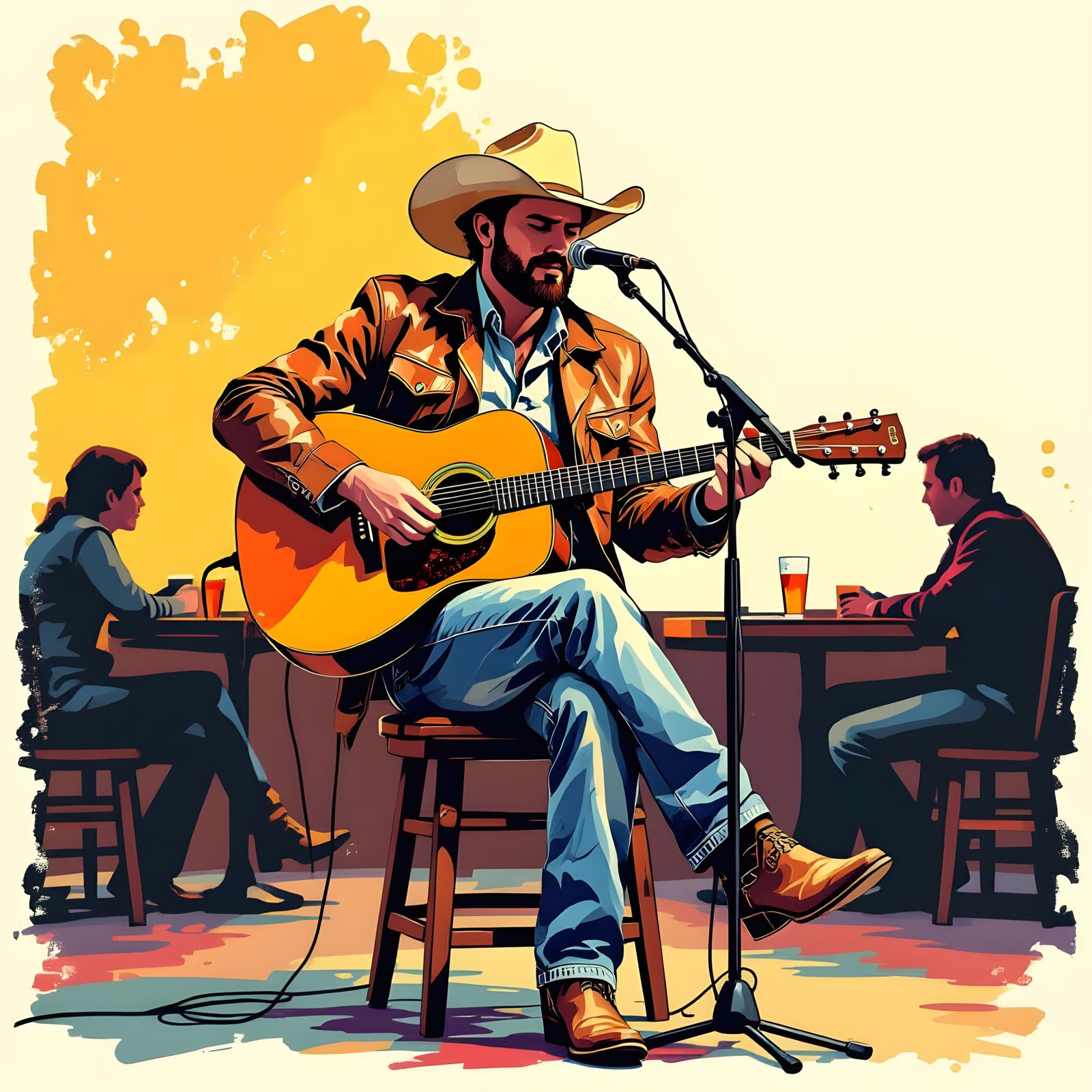 Folk Singer on Bar Stage in Pop Art Style