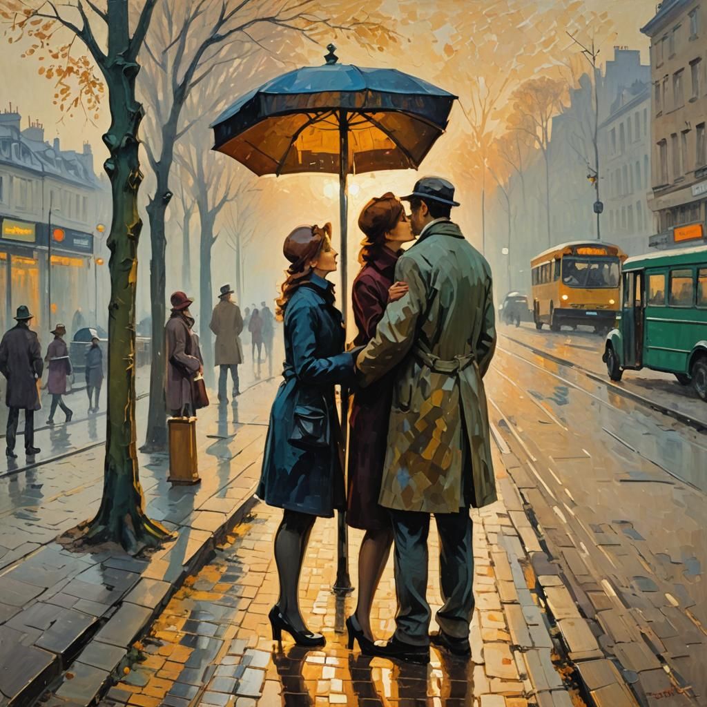 Romantic Bus Stop Kiss as Impasto Oil Painting