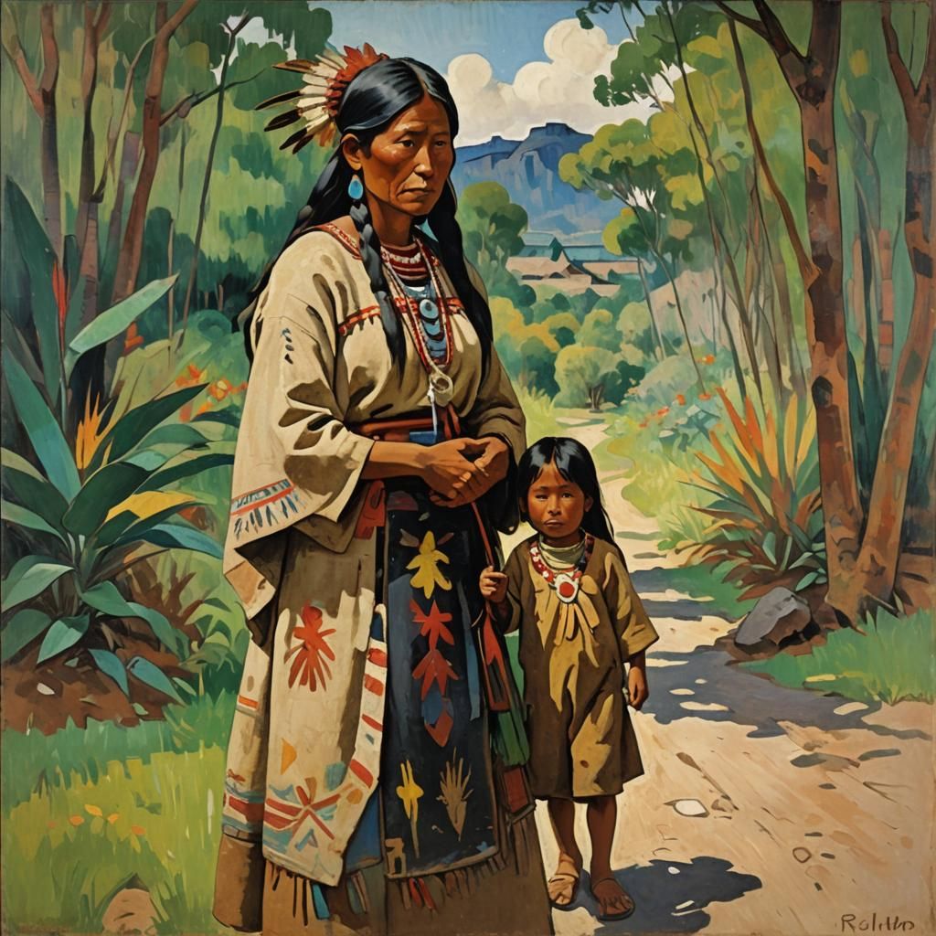 Native American Woman and Child: Gauguin-esque Impressionism