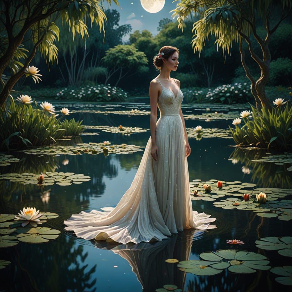 Ethereal Woman by a Serene Pond under a Full Moon