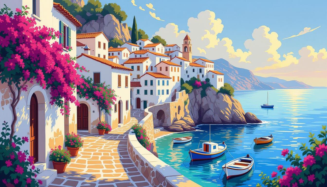 Charming Mediterranean Village Clifftop Scene
