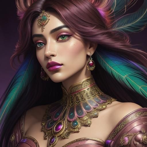 Peacock Haired Woman Portrait in Vibrant Oil Painting Style