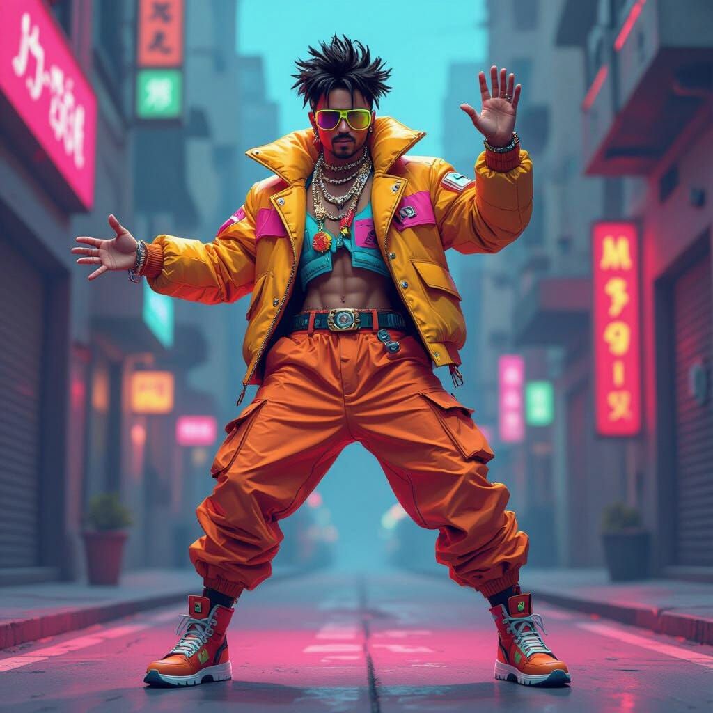 Dynamic Cartoon Character in Futuristic Neon Style