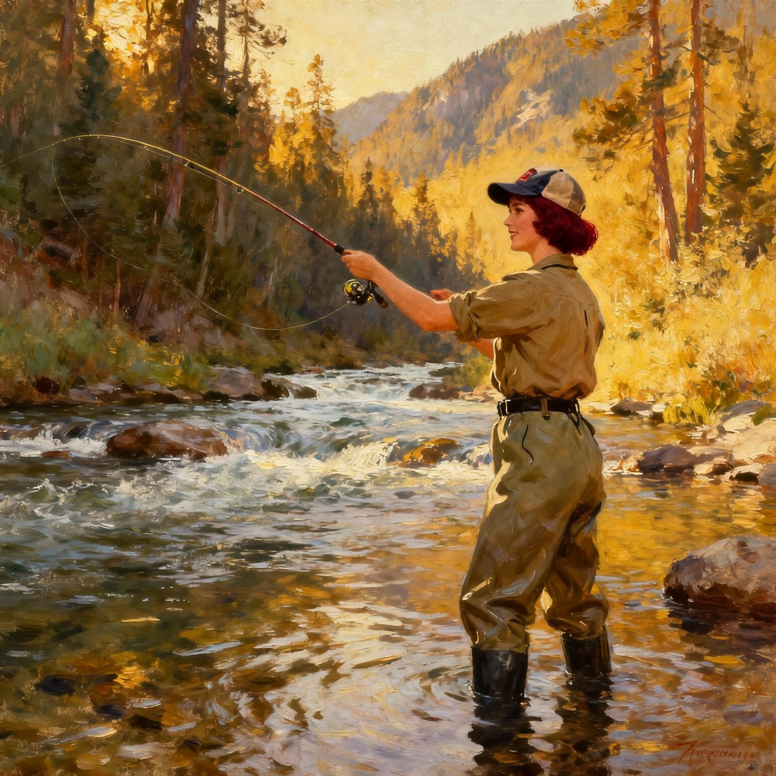 Impressionist Oil Painting of Woman Fishing in Mountain Rive...