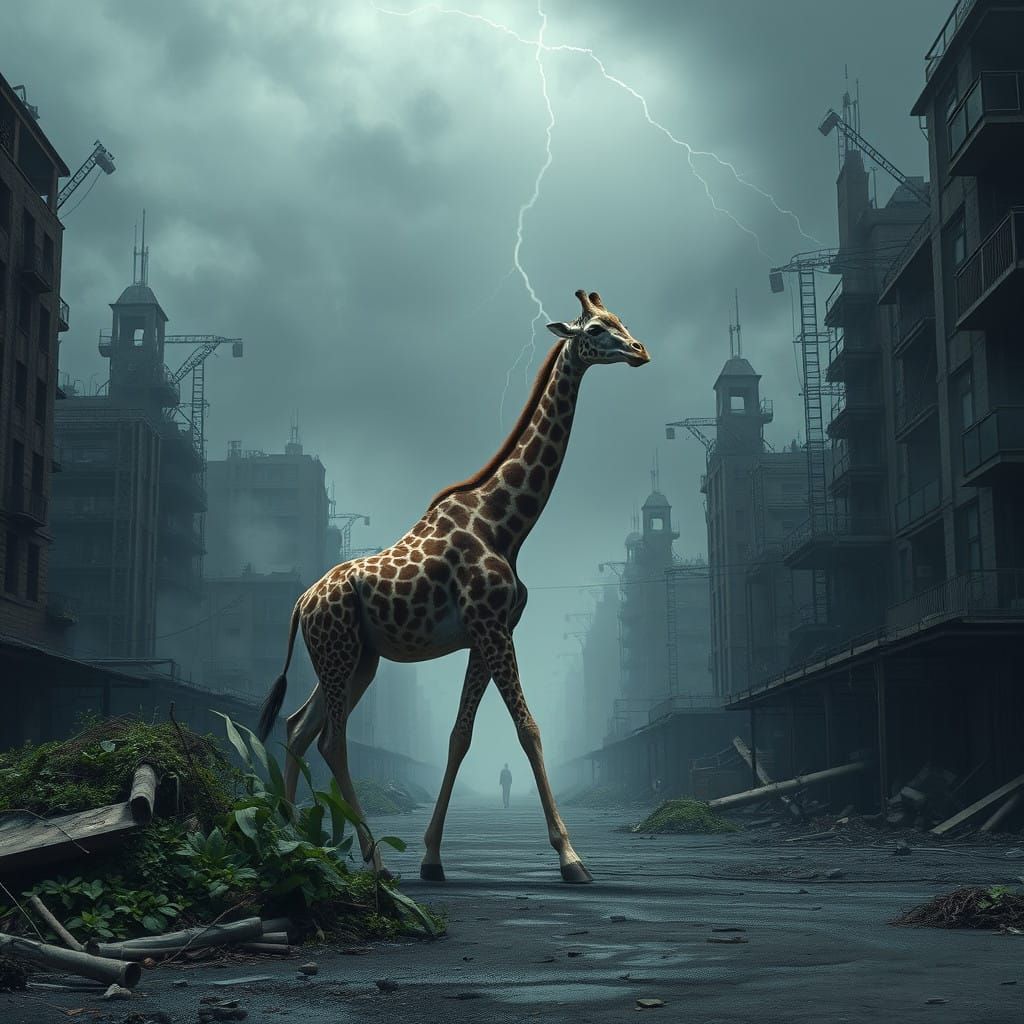 Giraffe in Dark Dystopian Cityscape: A Majestic Creature Ami...