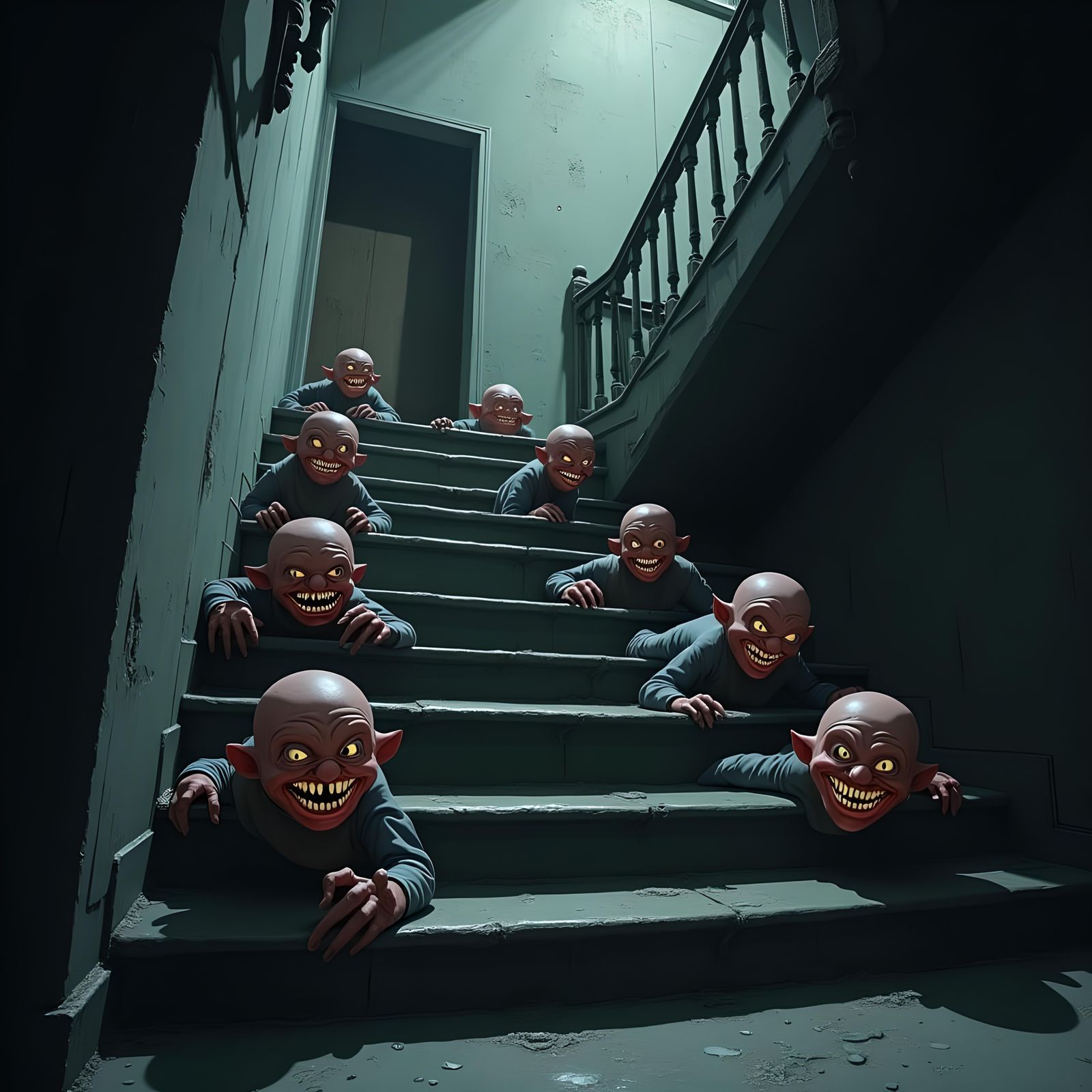 Horrifying Staircase: Fleischer Cartoon in Grey and Black