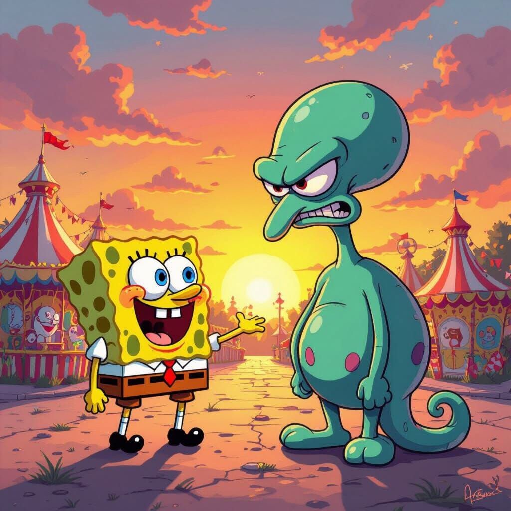 SpongeBob, Patrick, and Squidward at a Surreal Carnival