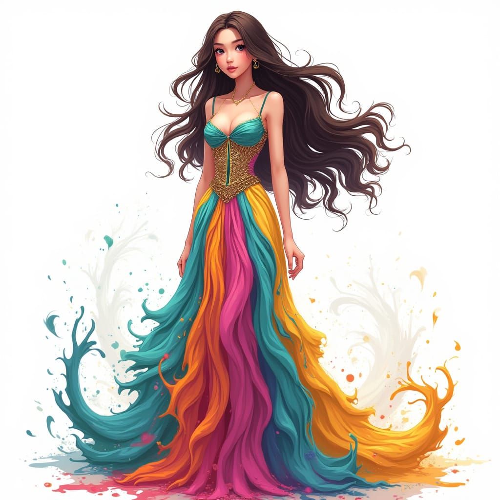 Anime Woman in Flowing Paint Gown