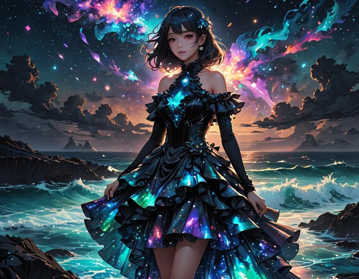 Bioluminescent Ocean View in Anime Graffiti Style