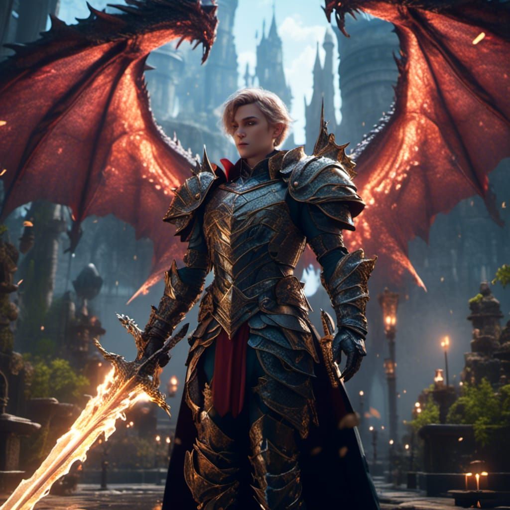 Fantasy Knight with Dragon Armor and Magic