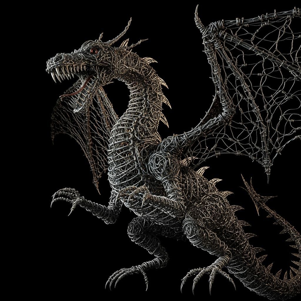 Menacing Barbed Wire Dragon Roaring in the Dark