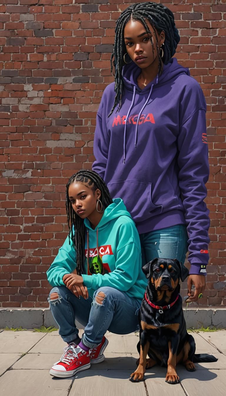 A dark skinned African American girl with dark braids sitting with her Rottweiler puppy