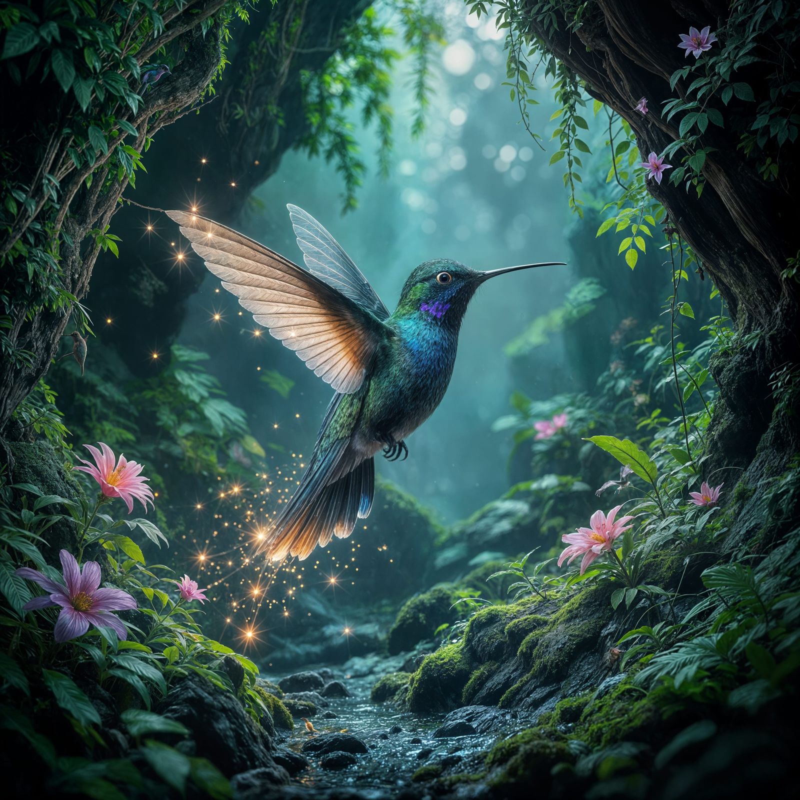 Bioluminescent Hummingbird in Jungle Grotto, Ethereal 3D Ren...