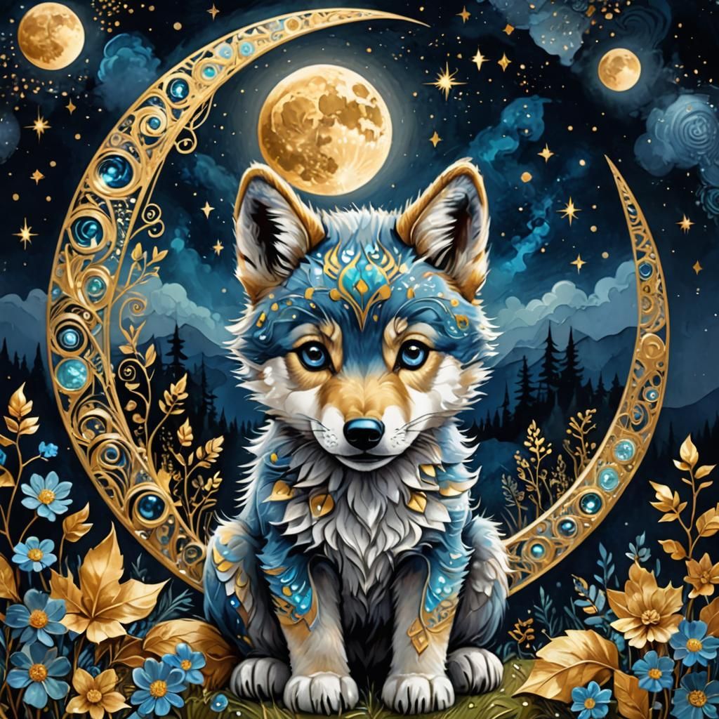 Baby Wolf Gazing at Moon in Klimt Style