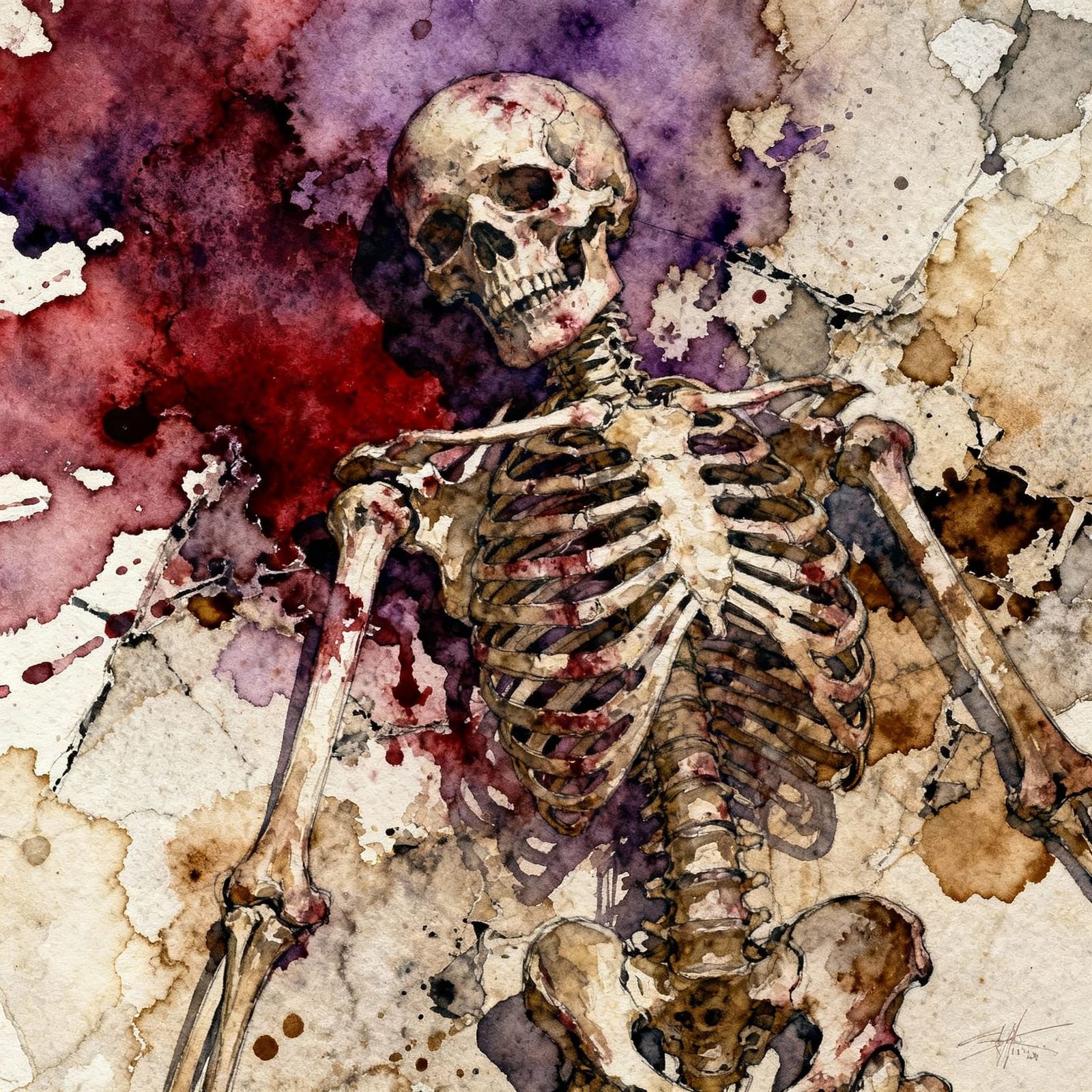 Gothic Watercolor Skeleton in Dark Romanticism Style