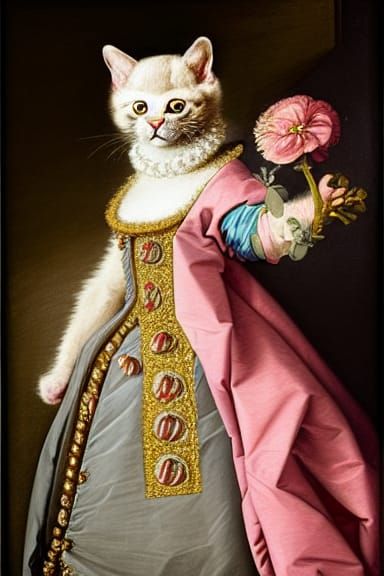 Cat Portrait in Rococo Style with Floral Elements