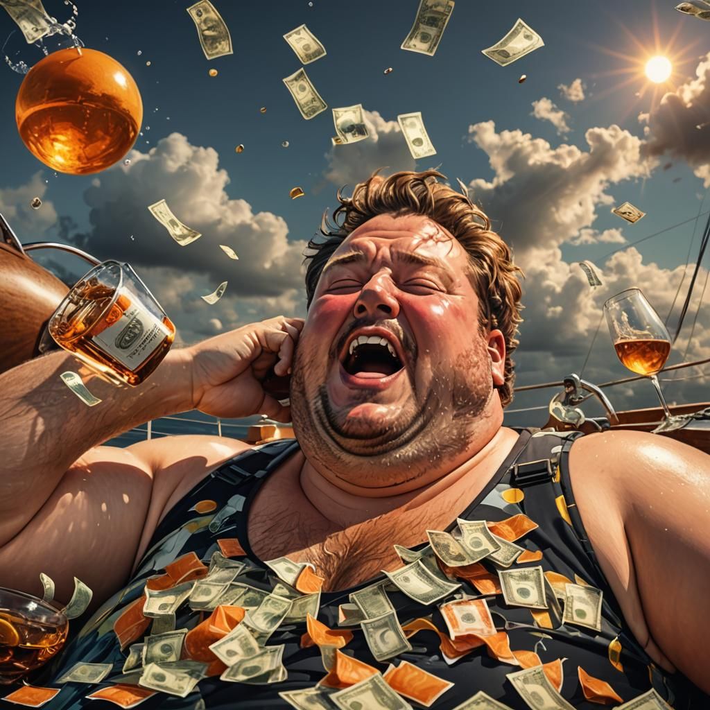Obese Man on Yacht: Hyperrealistic Splash Art