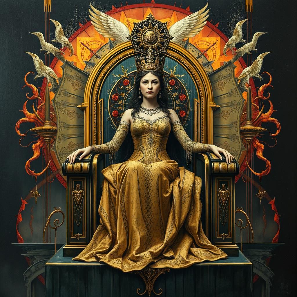 Dystopian Art Deco Queen on Throne, Sci-Fi Art