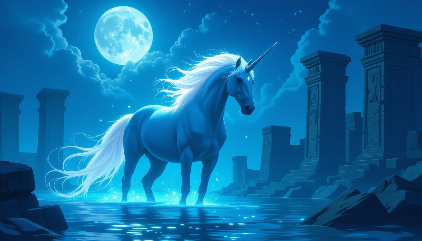 Bioluminescent Waterhorse Emerges from Submerged Ruins