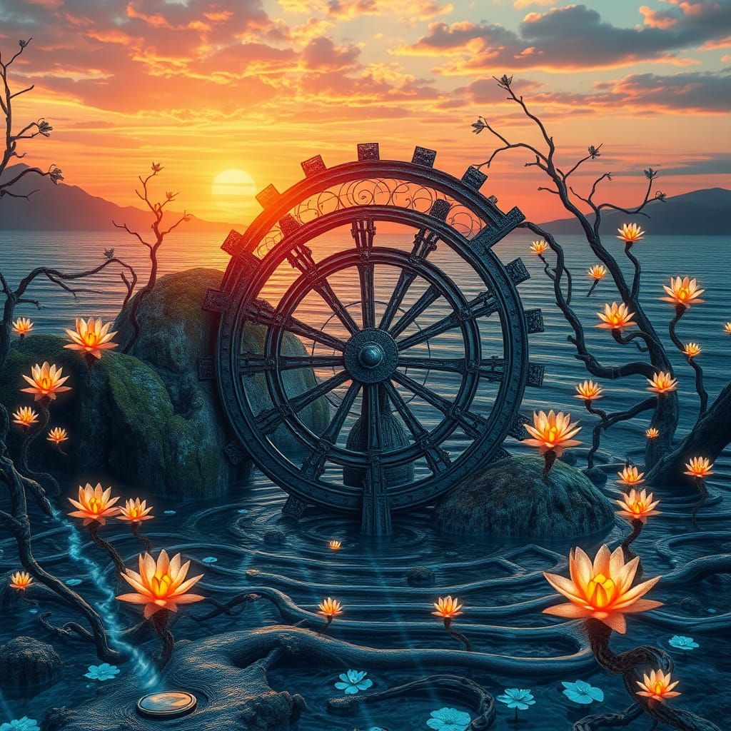 Dreamlike Waterwheel Surrealism in Vibrant Colors