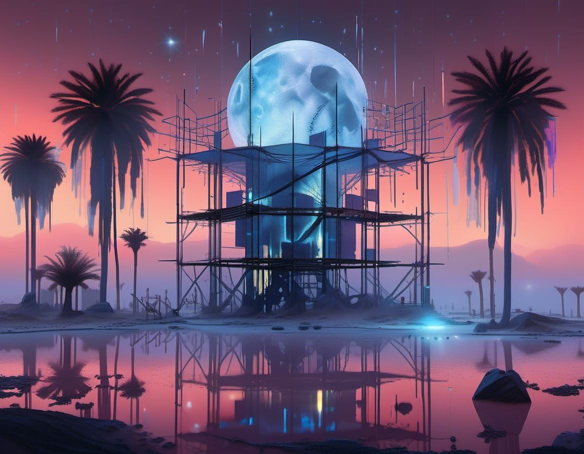 Oasis Sanctuary Construction Under Bioluminescent Moon