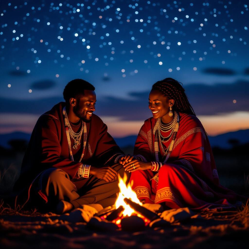 Maasai Couple's Secret Meeting by Firelight