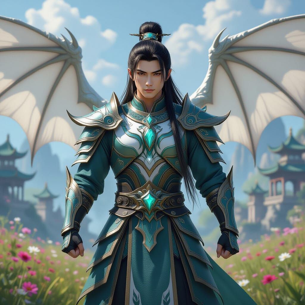 Heroic Dragon Warrior with Bat Wings in Fantasy Meadow