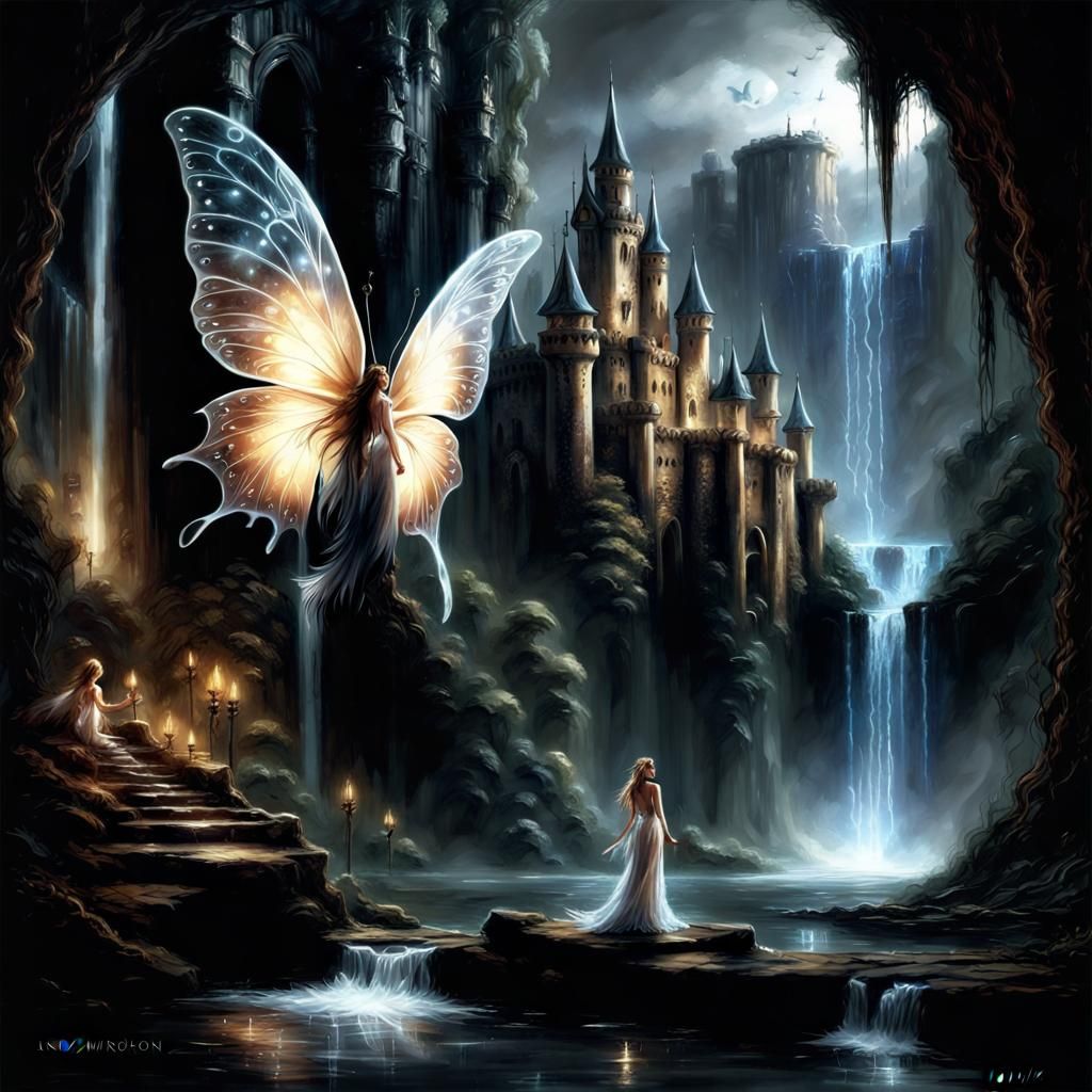 Luminescent Fairies in Fantasy Castle Landscape
