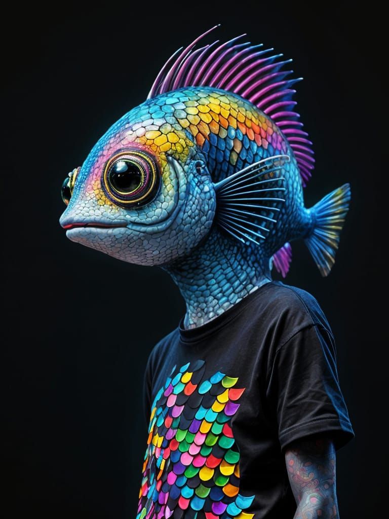 Surrealist Fish in a Vibrant Graphic T-Shirt