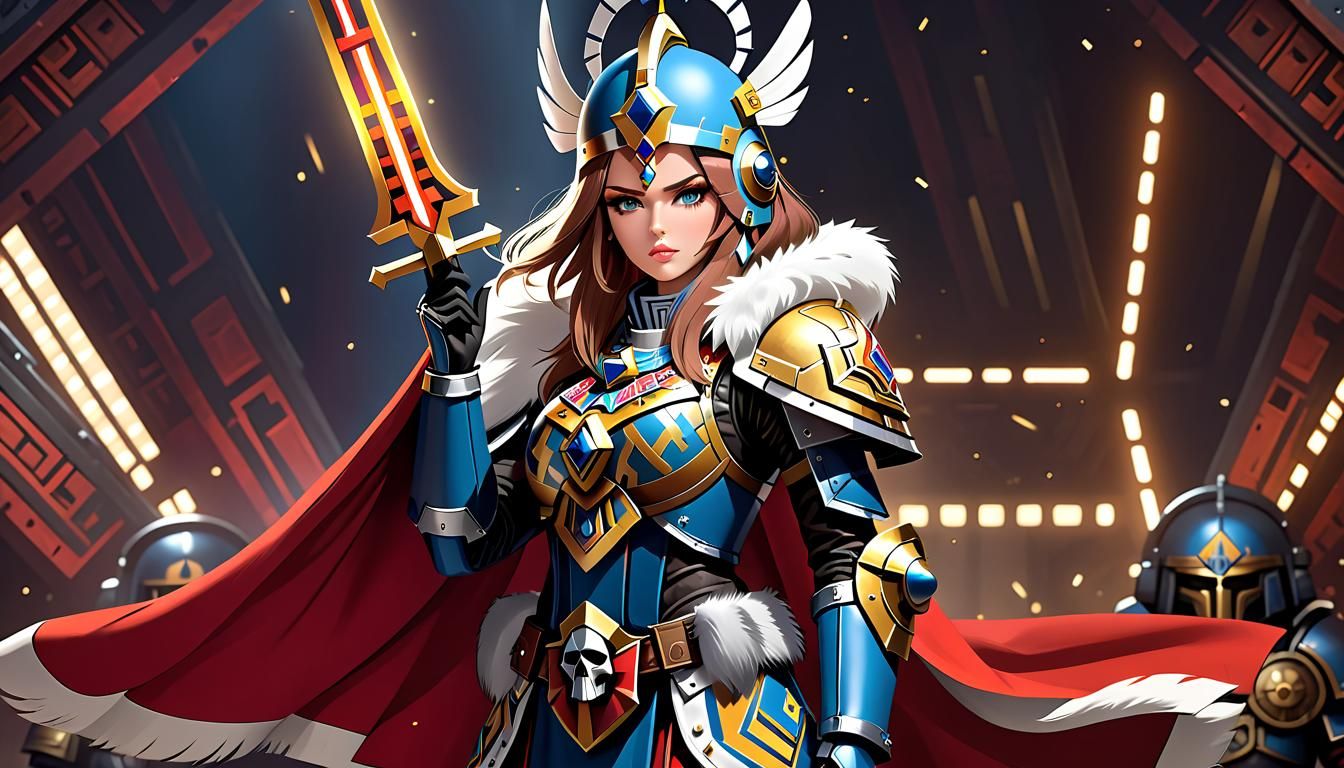 Space Marine Woman with Aztec Headdress in Cyberpunk Armor