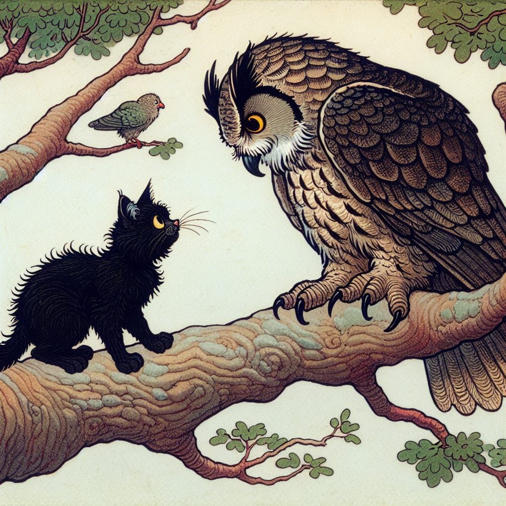 Whimsical Woodland Encounter: Fanciful Cat and Eagle Owl