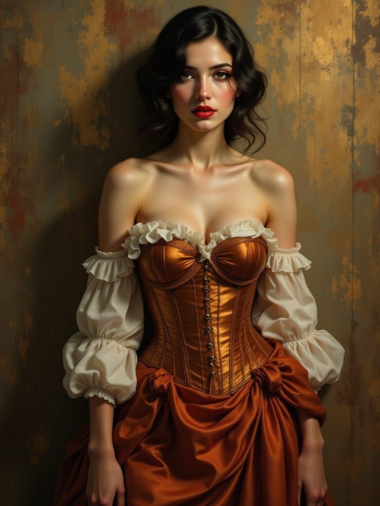 1750s Brunette Pin-Up Woman in Copper Corset