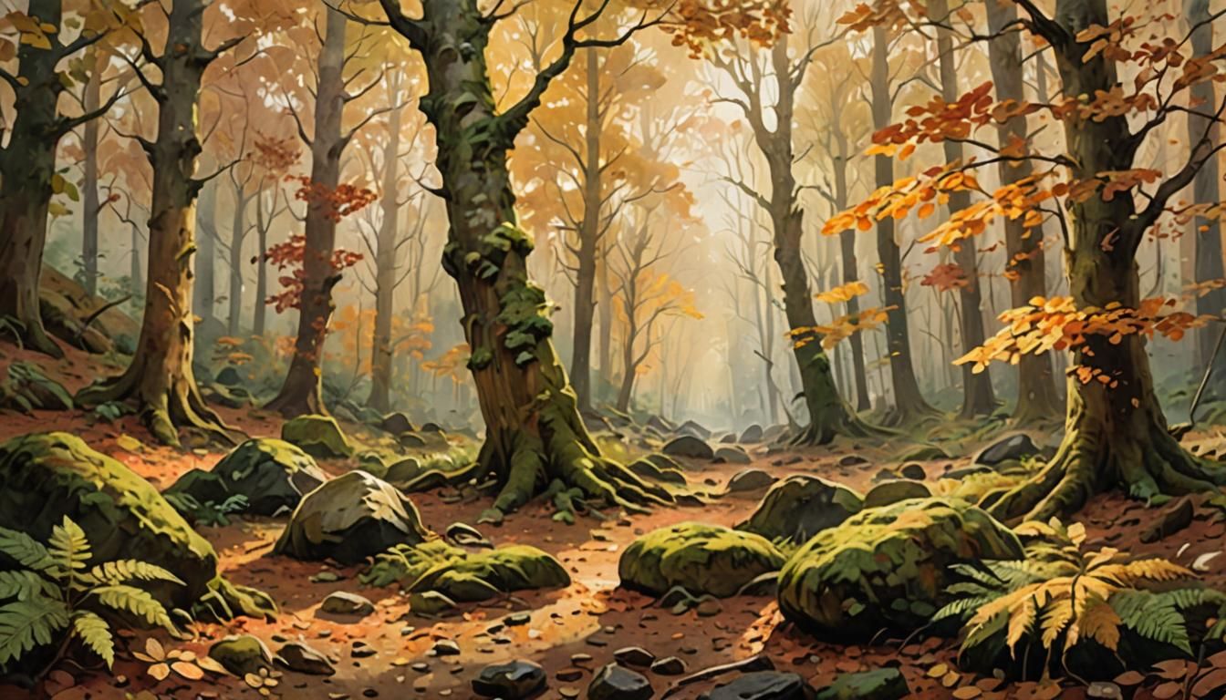 Serene Autumn Forest Landscape in Warm, Earthy Tones