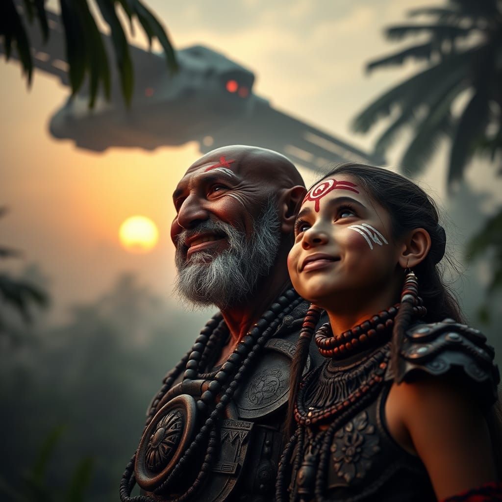 Aztec Elder and Child Gaze at Spaceship