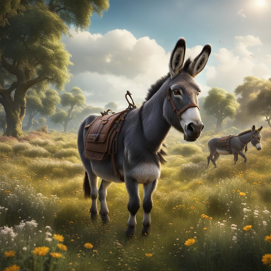 Poitou Donkey in Meadow: Detailed Matte Painting