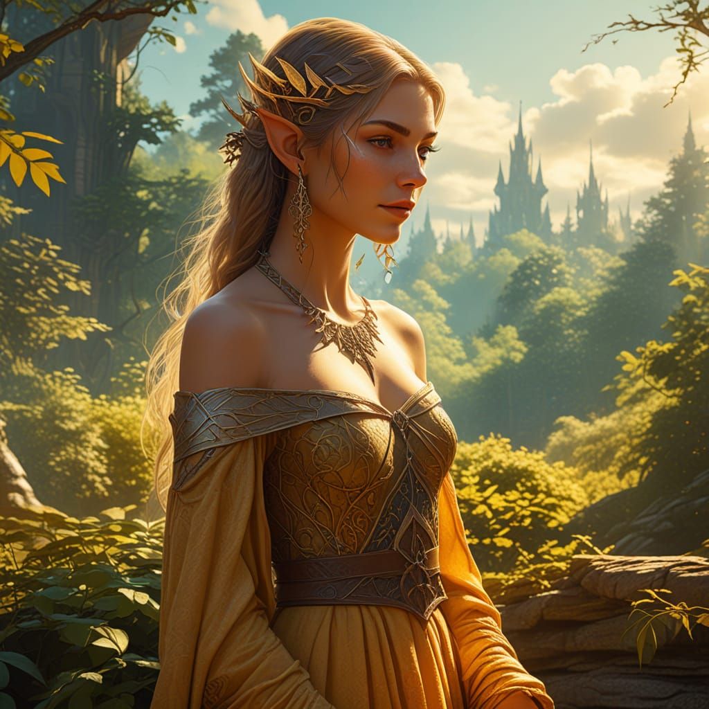 Elf in Forest Sunlight: A Fantasy Illustration