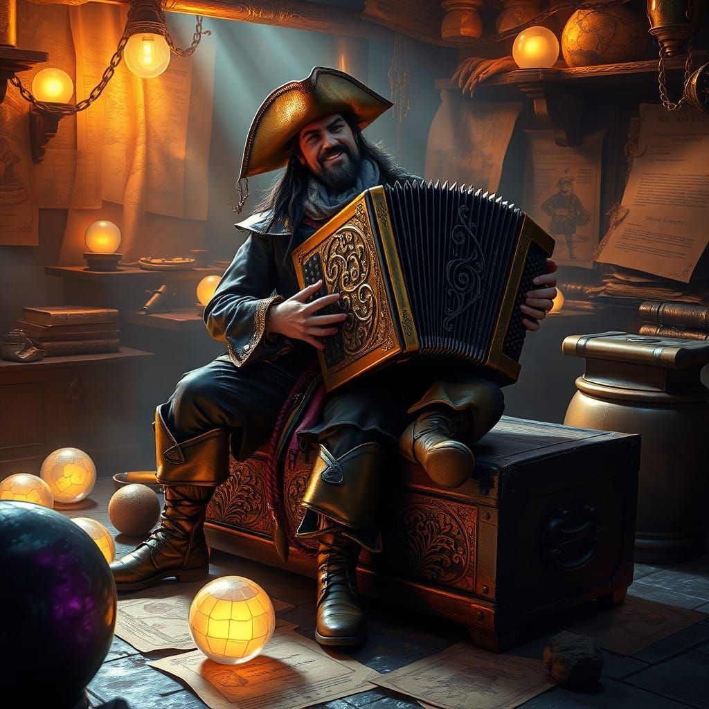 Mystical Pirate Musician Plays Brass Accordion in Steampunk...