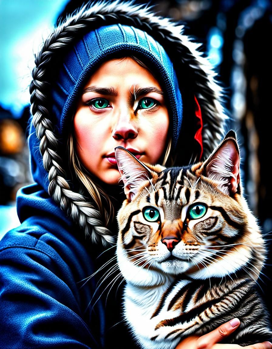 Hyperrealistic Portrait of an Inuit Girl with Cat