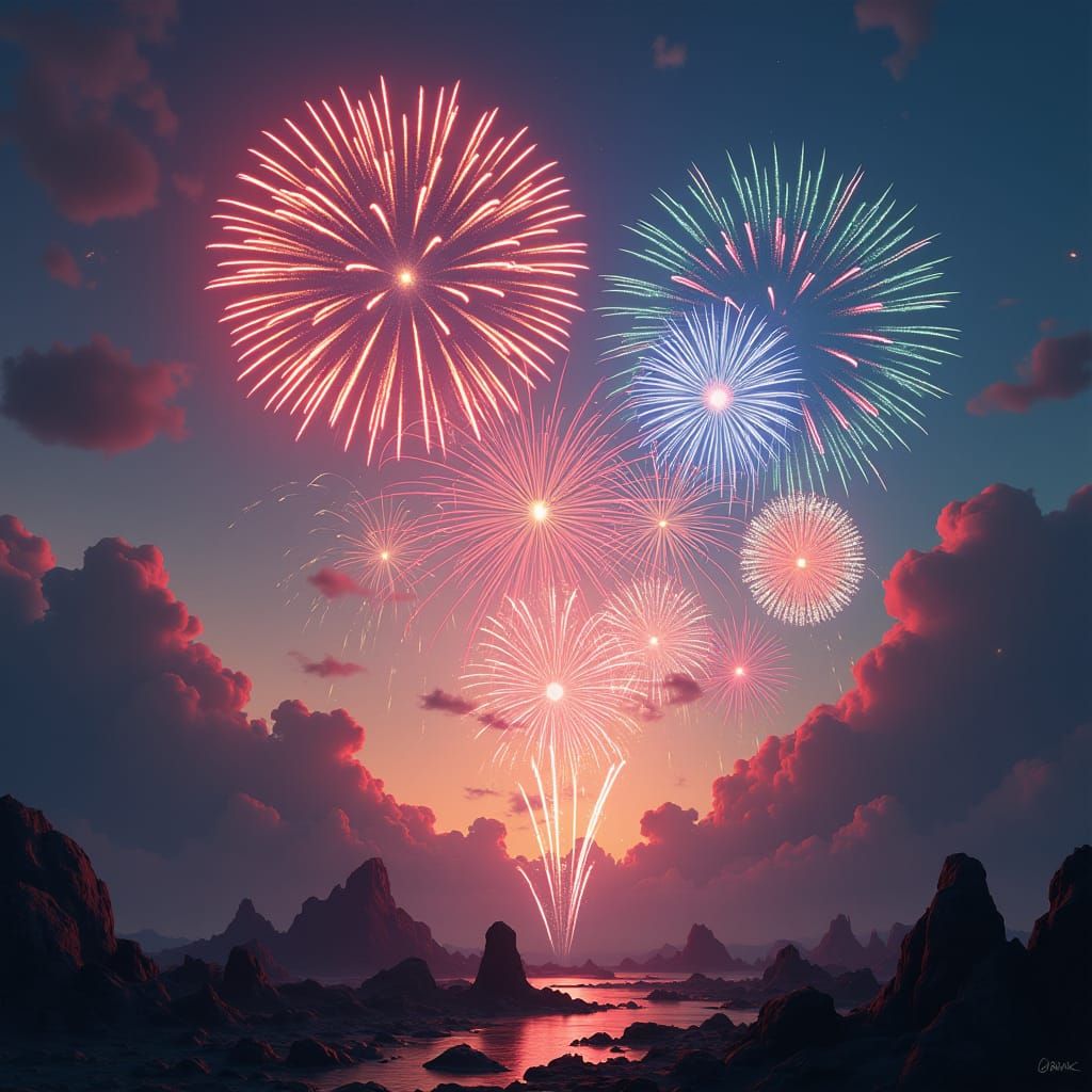 Colorful Fireworks Display in Detailed Digital Painting