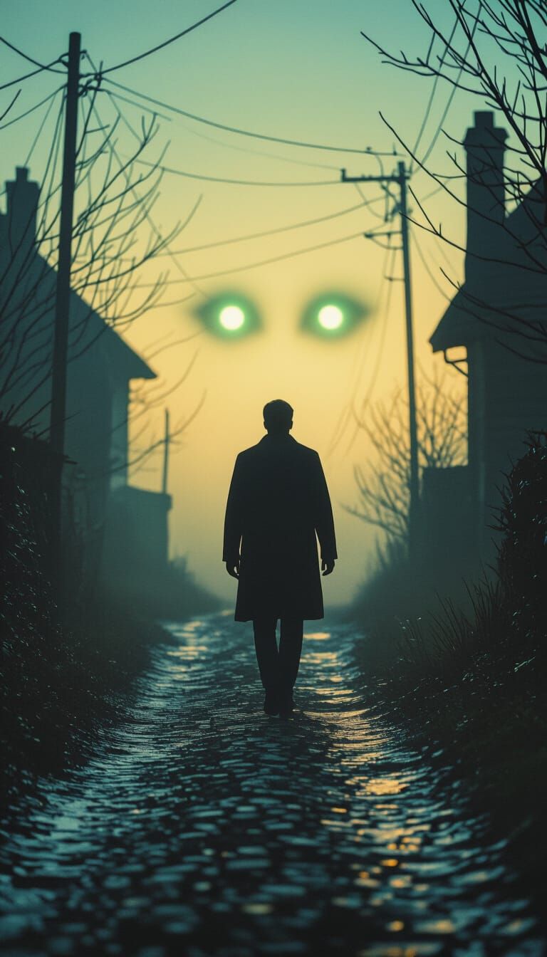 Mysterious Figure on Dark Village Path in Cinematic Style