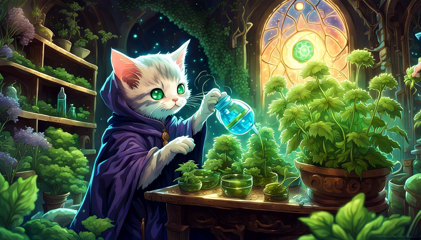 Kitten Wizard Tending Catnip Garden in Anime Style