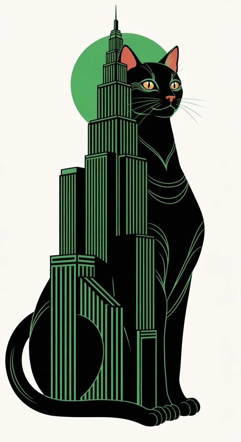Art Deco Skyscraper Cat in Black and Green