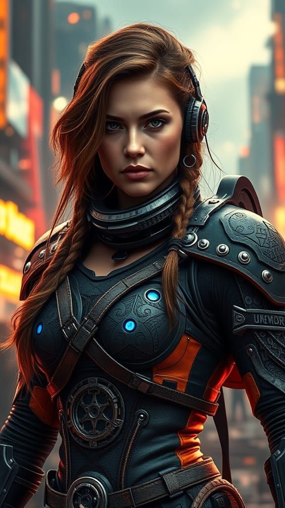 Cyberpunk Warrior Woman in Gritty Futuristic Cityscape