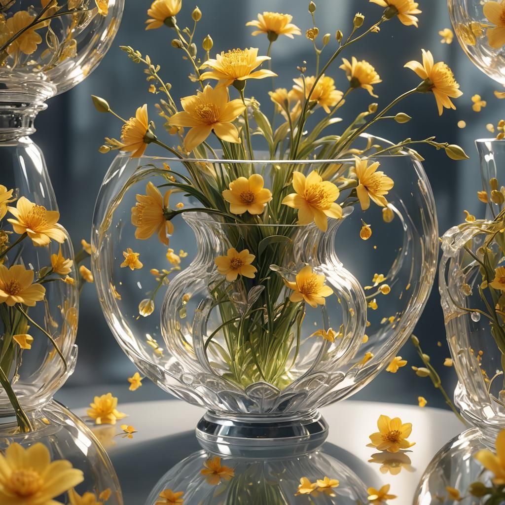 Glass Flowers in Crystal Vase, 3D Rendered